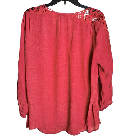 Hannah Plus Size Peasant Top Sz 1X Orange Crochet Neckline 3/4 Sleeve Rayon Poly - Picture 2 of 7